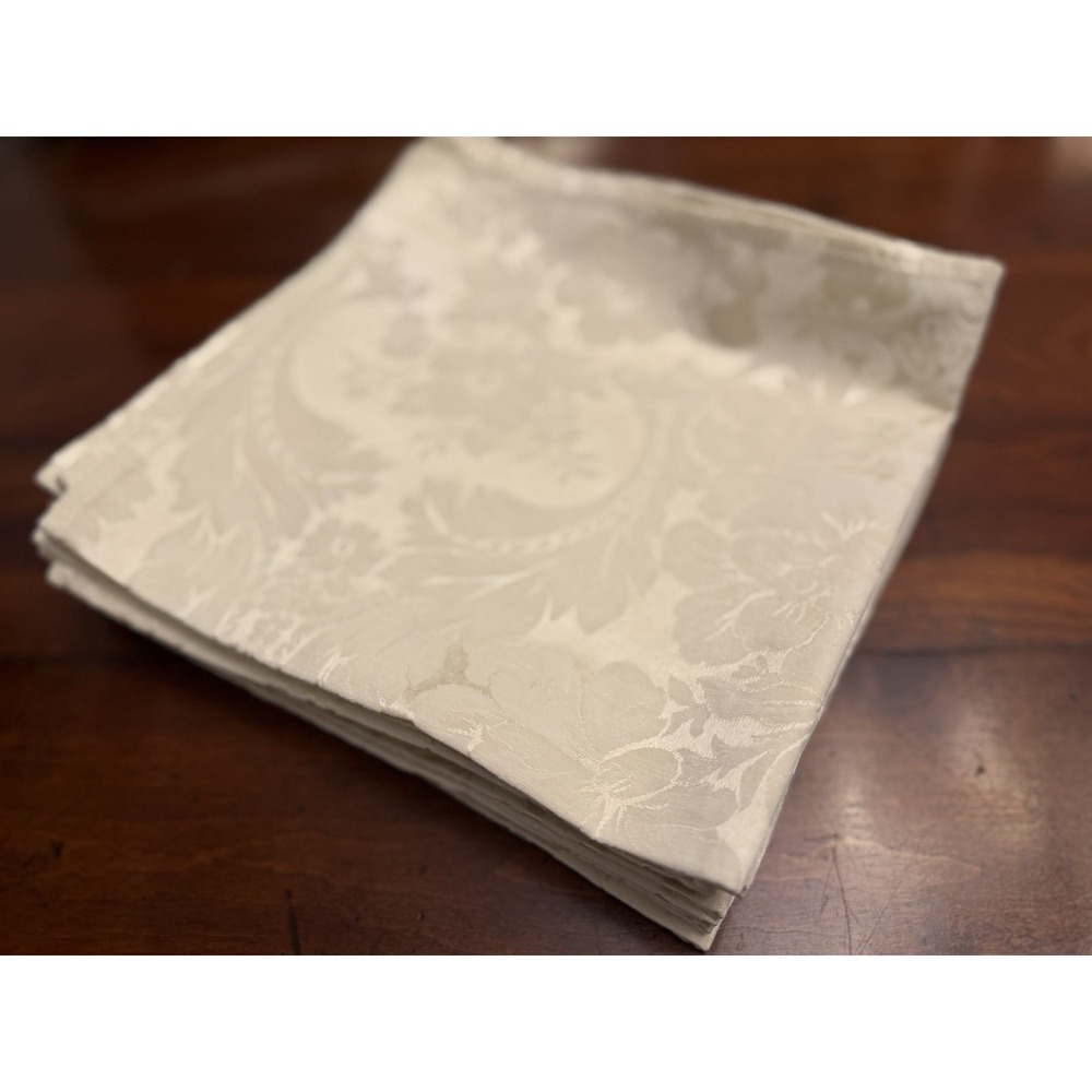 Set of 12 Waterford Linens Cream Damask Dinner Napkins Floral Scroll Formal MCM